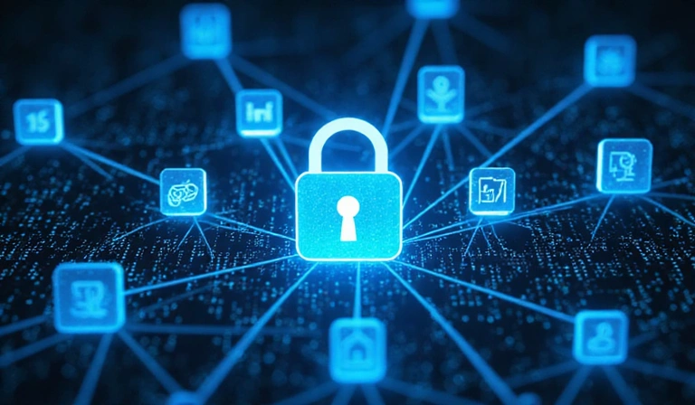 Rappresentazione visiva della sicurezza dei dati, con icone di lucchetto e scudi che proteggono informazioni digitali.