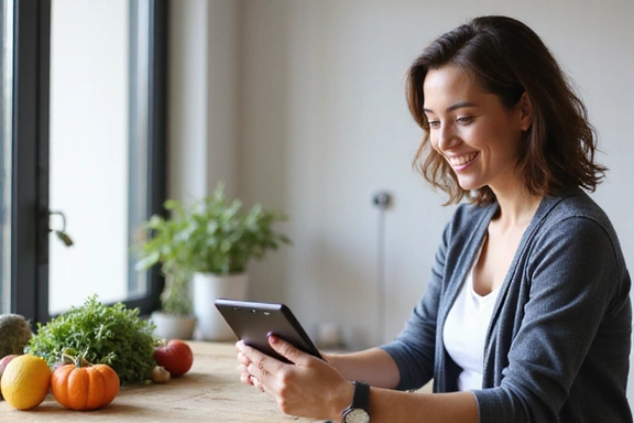 Donna che consulta un tablet per una consulenza nutrizionale online